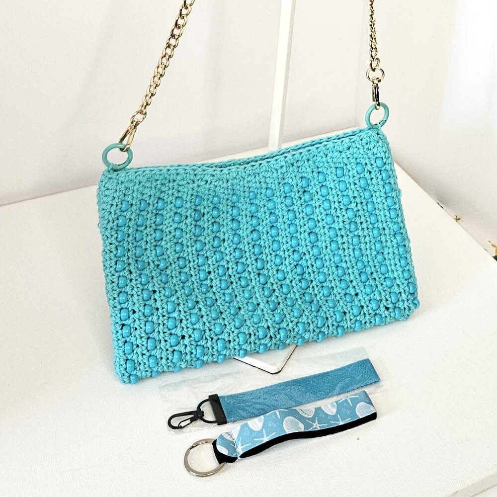 Crochet Aqua Beaded Clutch bag with Crossbody chain and wristlet